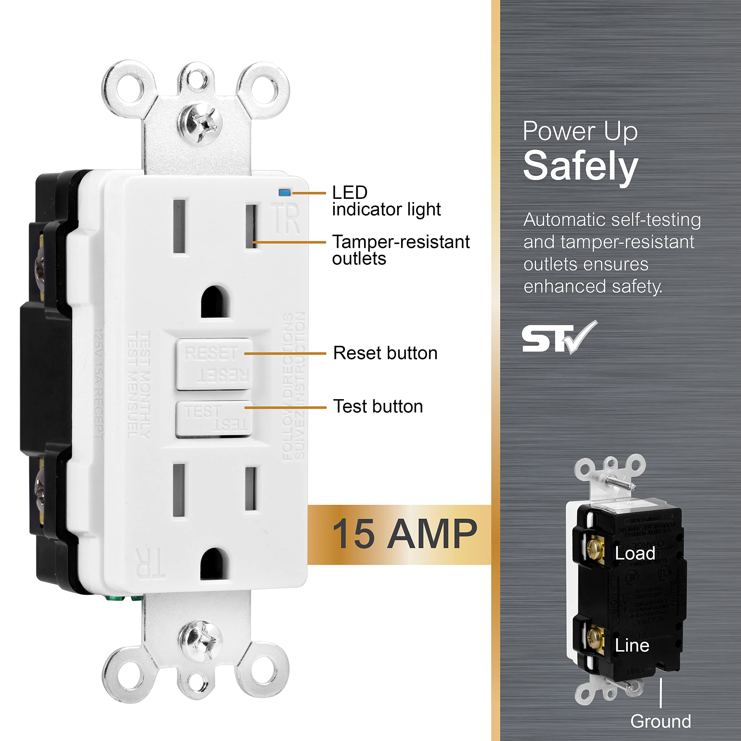 GE White Tamper-Resistant GFCI Receptacle Outlet, in-Wall, LED Indicator Light, UL Certified, NEC Compliant, Self-Test for Optimum Safety 15A/120V, Wallplate not Included, 32075, 1 Pack - Image 2