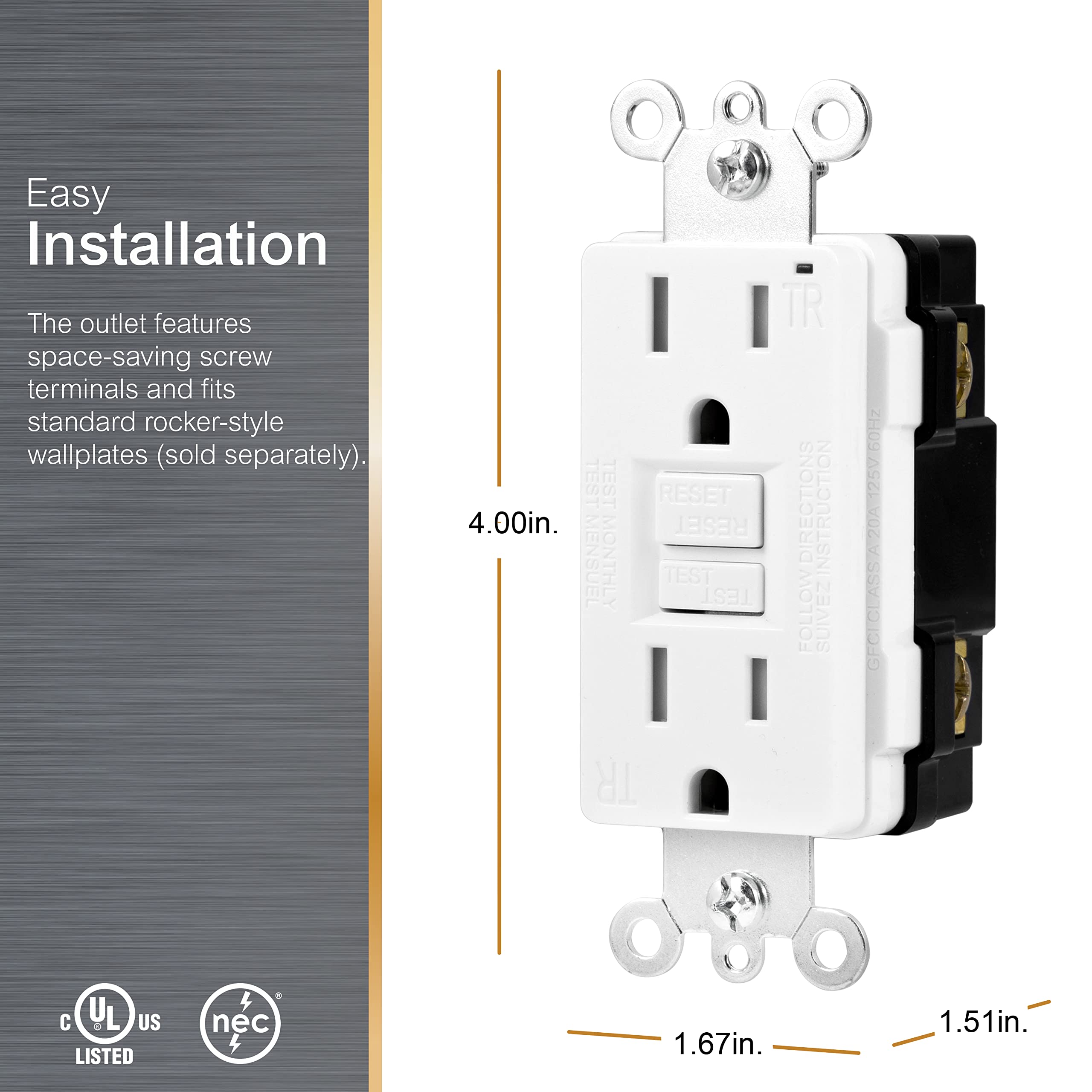 GE White Tamper-Resistant GFCI Receptacle Outlet, in-Wall, LED Indicator Light, UL Certified, NEC Compliant, Self-Test for Optimum Safety 15A/120V, Wallplate not Included, 32075, 1 Pack - Image 3