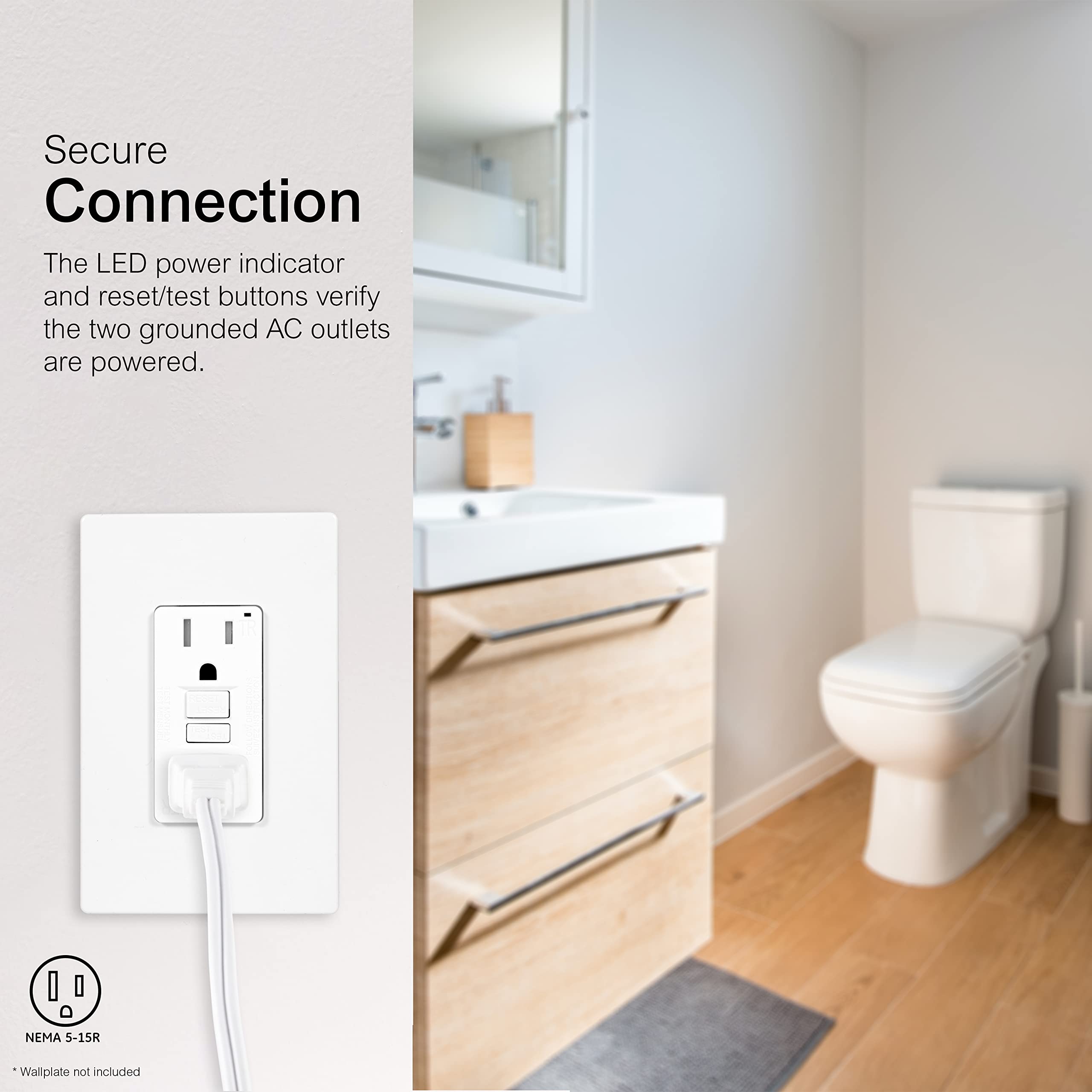 GE White Tamper-Resistant GFCI Receptacle Outlet, in-Wall, LED Indicator Light, UL Certified, NEC Compliant, Self-Test for Optimum Safety 15A/120V, Wallplate not Included, 32075, 1 Pack - Image 4