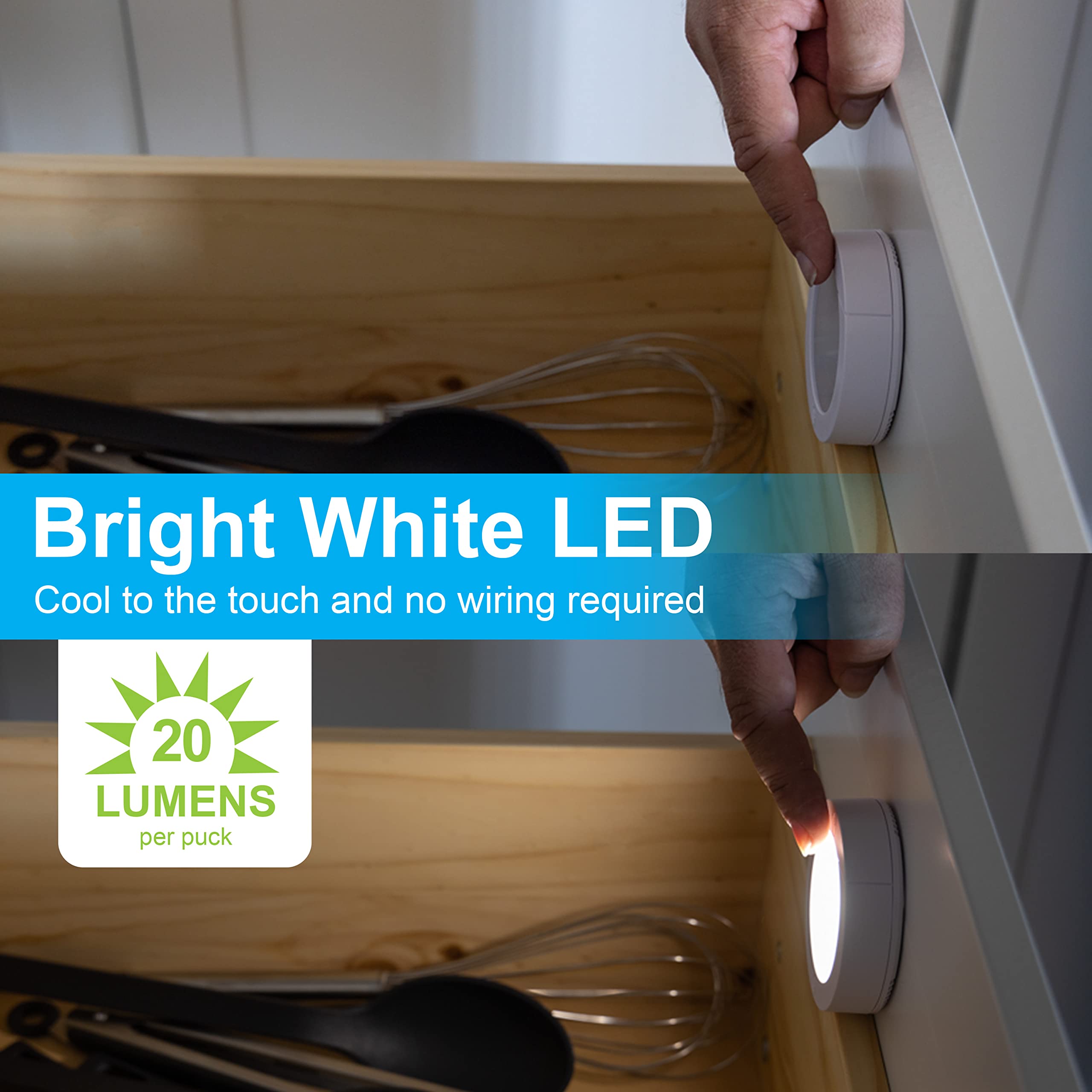 GE Wireless LED Tap-Lights, Battery Operated, 20 Lumens, Touch-Activated Puck Lights, Stick-On for Under Cabinet, Kitchen, Closet, or Garage, 2-Pack 25434 - Image 4