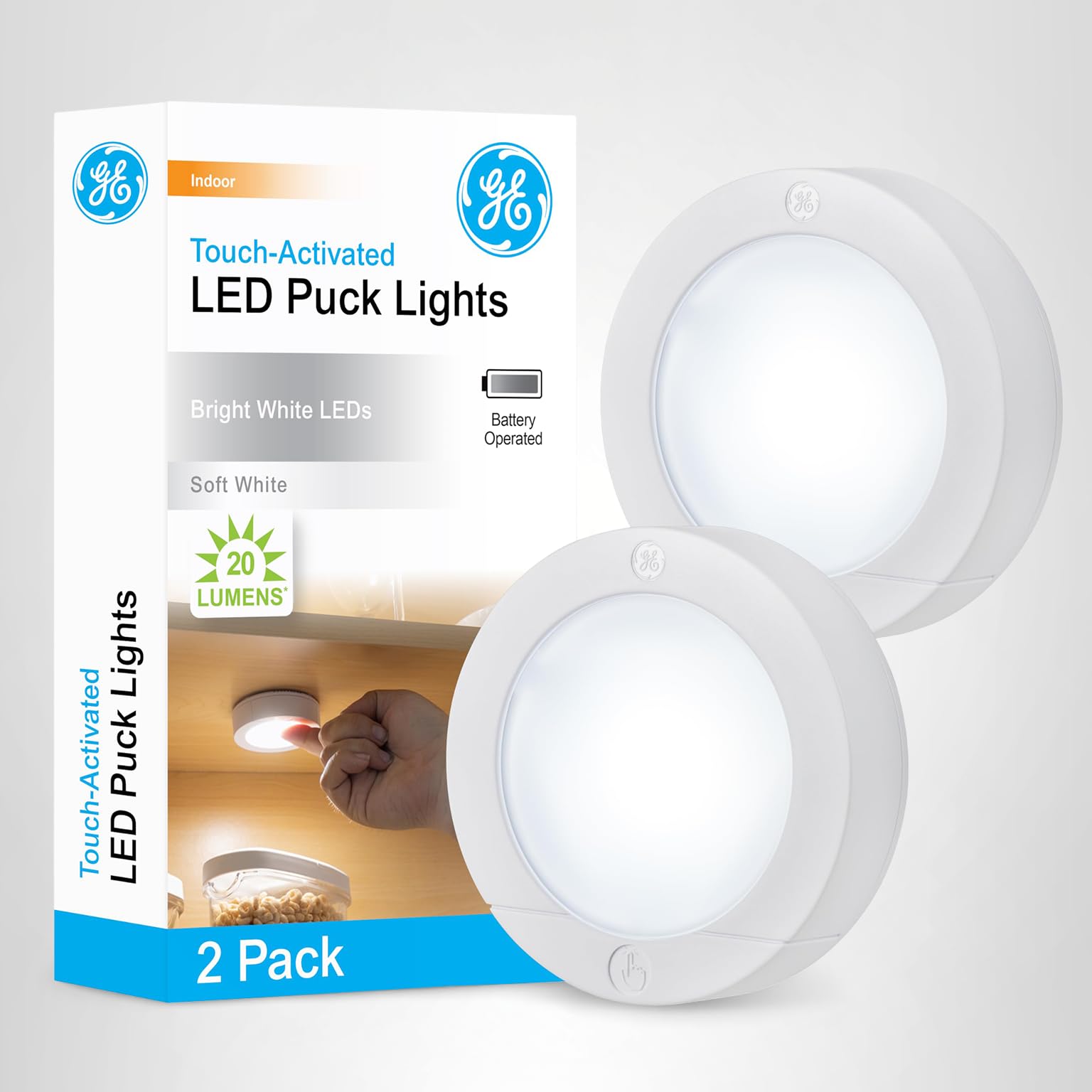GE Wireless LED Tap-Lights, Battery Operated, 20 Lumens, Touch-Activated Puck Lights, Stick-On for Under Cabinet, Kitchen, Closet, or Garage, 2-Pack 25434 - Image 7