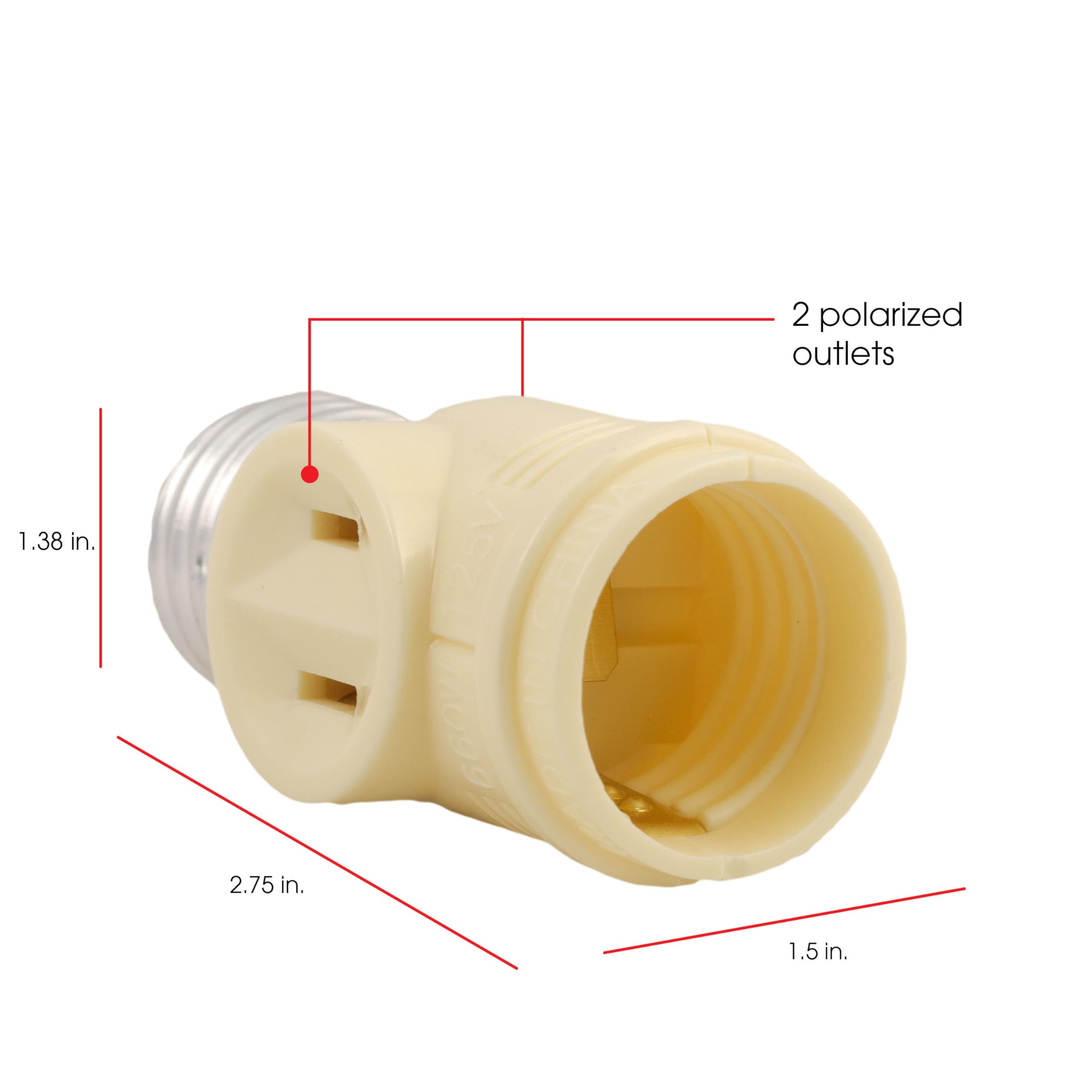 Power Gear 2-Outlet Socket Adapter, Add 2 Outlets to a Bulb Socket, 2 Prong, Polarized Outlets, Medium Base Socket, Use in Workshop, Garage or Utility Room, UL Listed, Light Almond, 54178 - Image 2