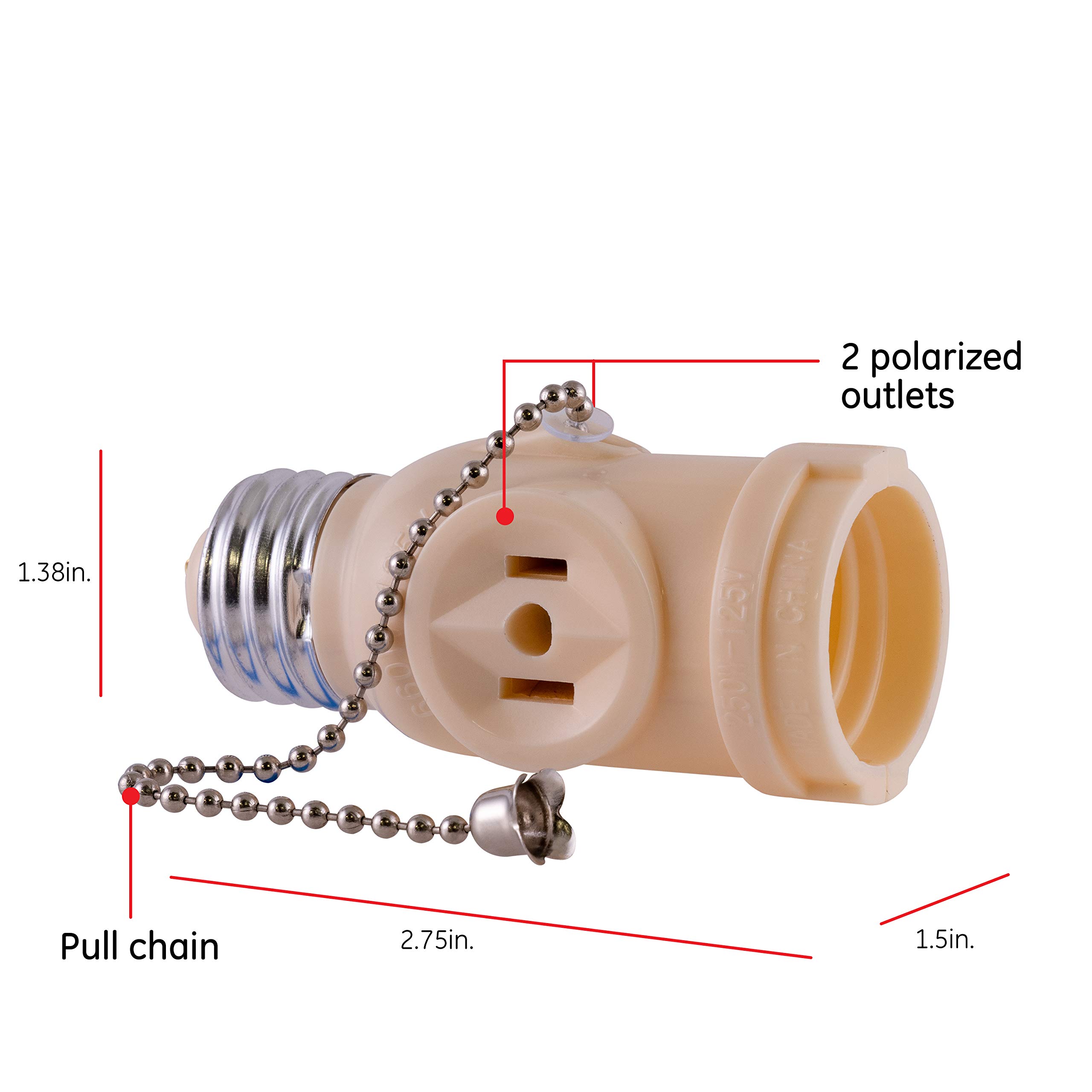 Power Gear 2-Outlet Socket Adapter, Pull Chain Light Control, Polarized, 2-Prong, Perfect for Workshop, Garage or Utility Room, 125VAC/250W, UL Listed, Light Almond, 54180 - Image 2