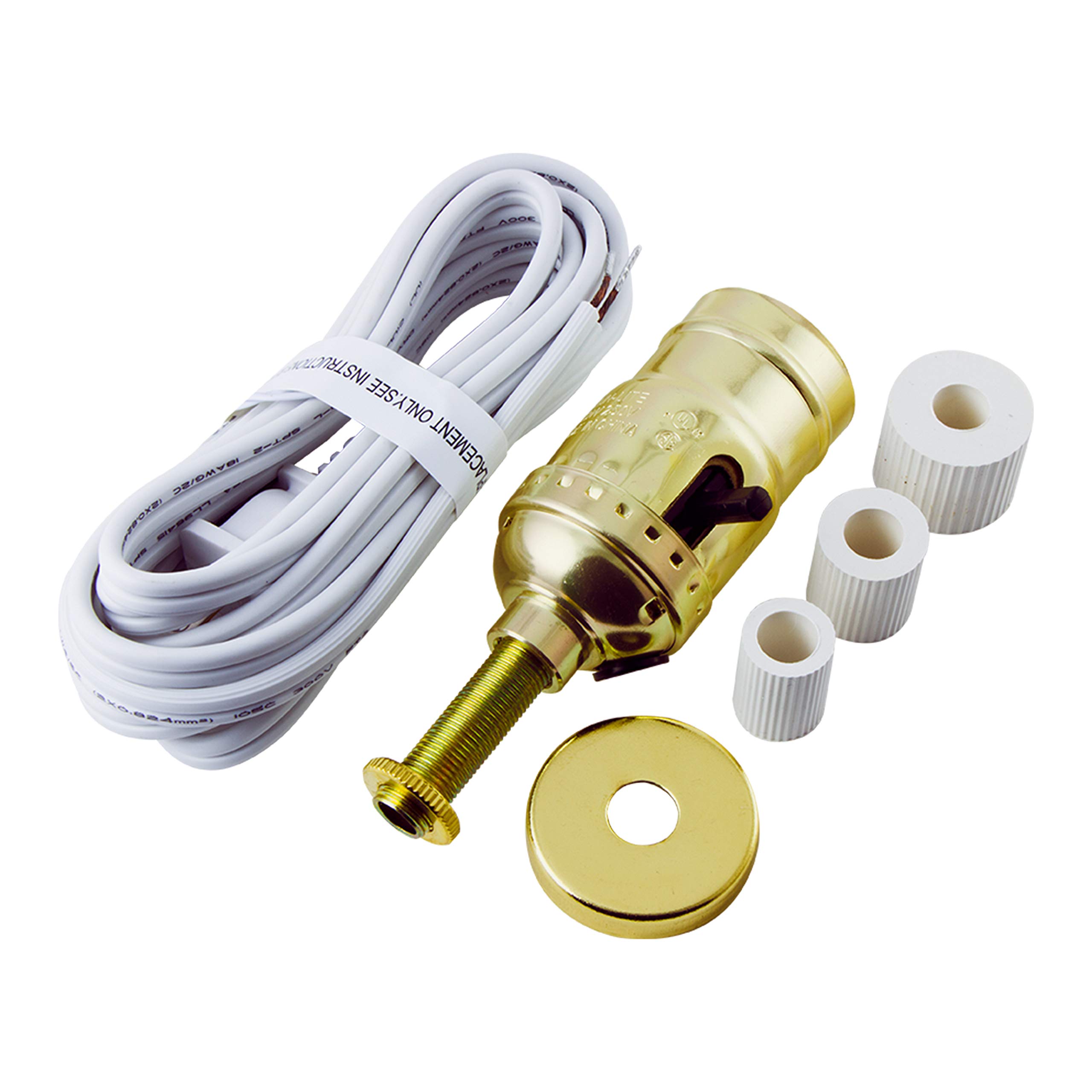 Power Gear Lampholder Kit, 8 Ft Power Cord, Push-Through Socket, Bottle Adapters, Repair/Replace Floor and Table Lamps, DIY Project, 250VAC/250W, UL Listed, Gold/White, 50961