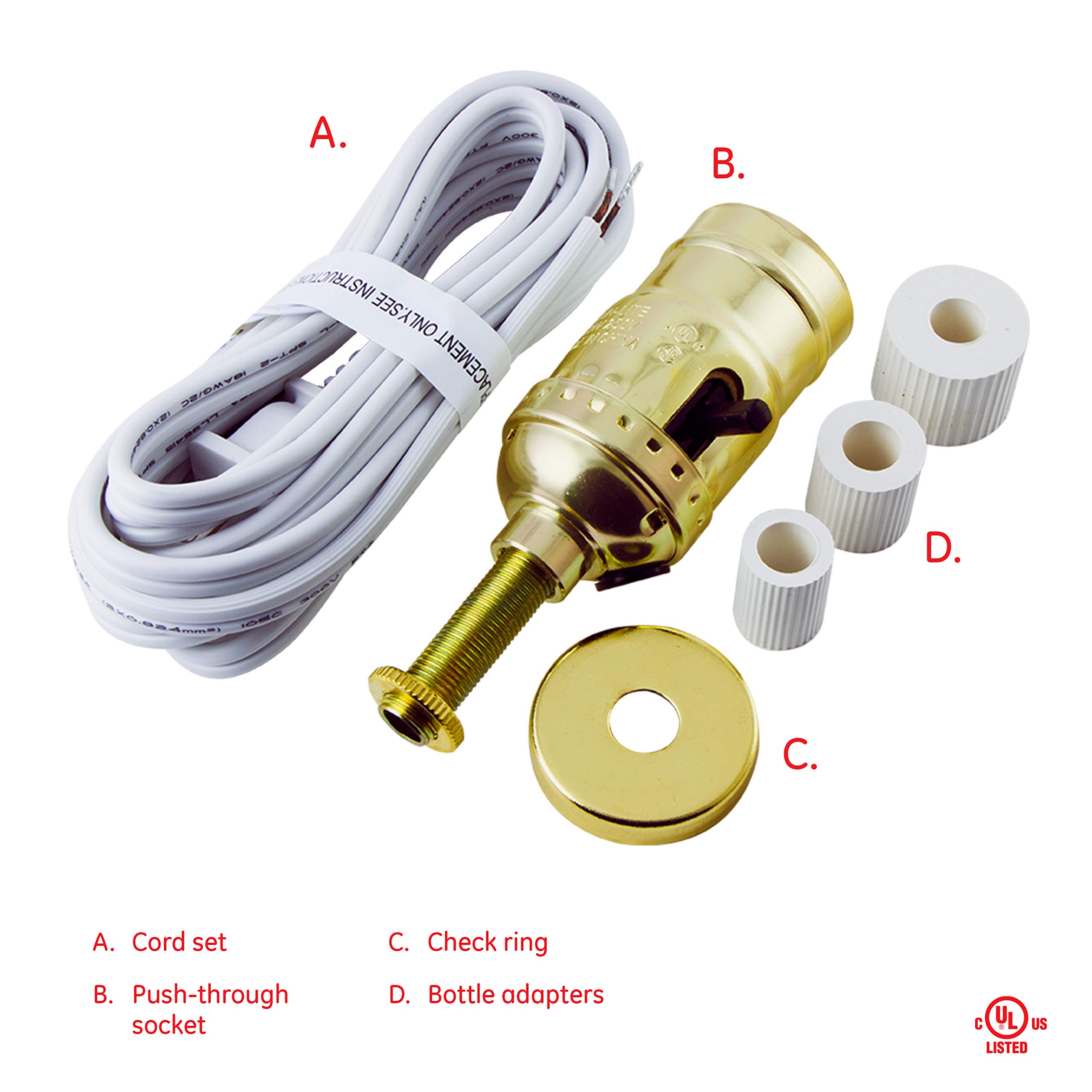 Power Gear Lampholder Kit, 8 Ft Power Cord, Push-Through Socket, Bottle Adapters, Repair/Replace Floor and Table Lamps, DIY Project, 250VAC/250W, UL Listed, Gold/White, 50961 - Image 2