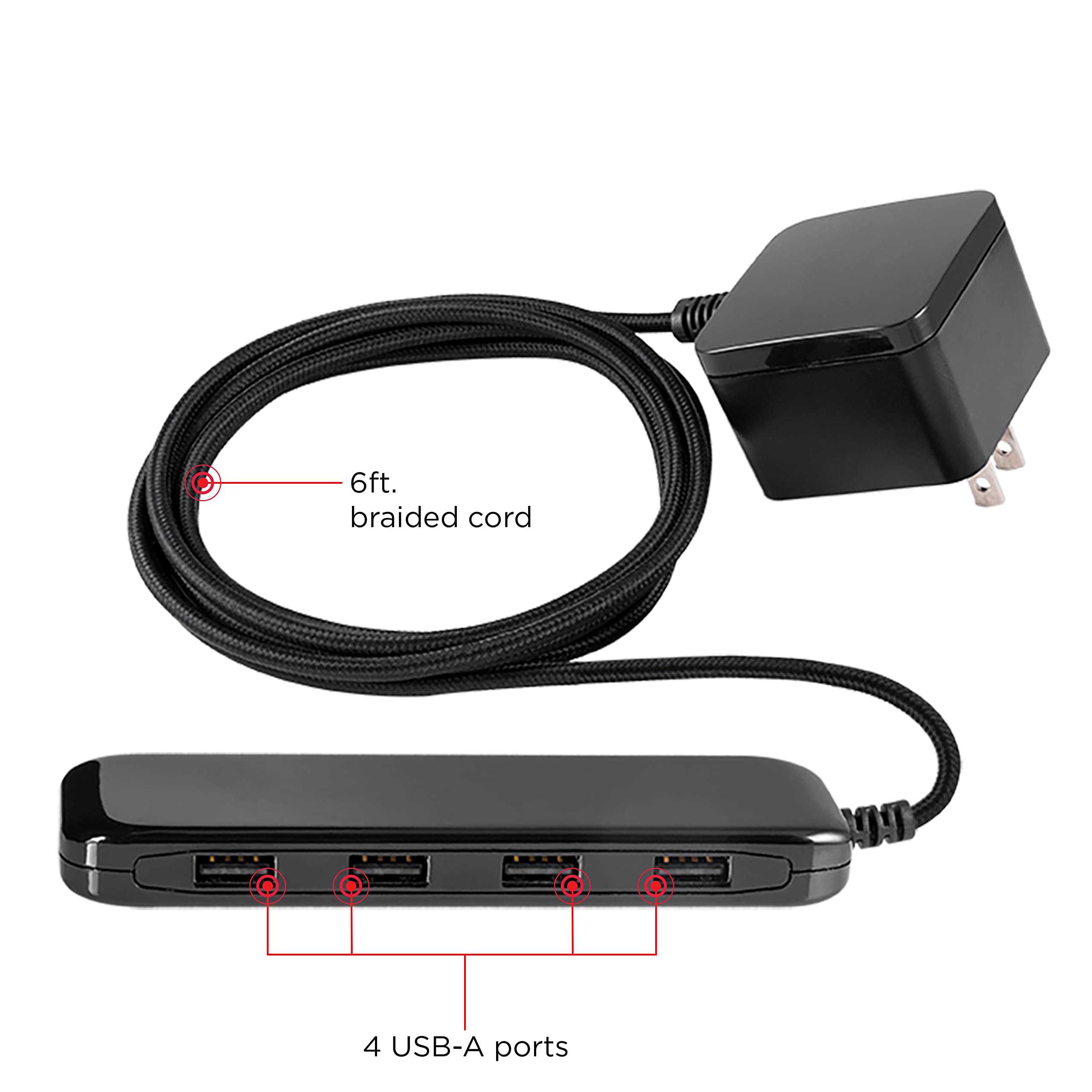 UltraPro Desktop Charging Station, 24W 6 Ft 4 Ports Power Strip, Multiport Charging Station, A Desktop Charger for iPhone 16 Series, 15 Series, iPad Pro, Braided Cord, Black, 54734 - Image 2