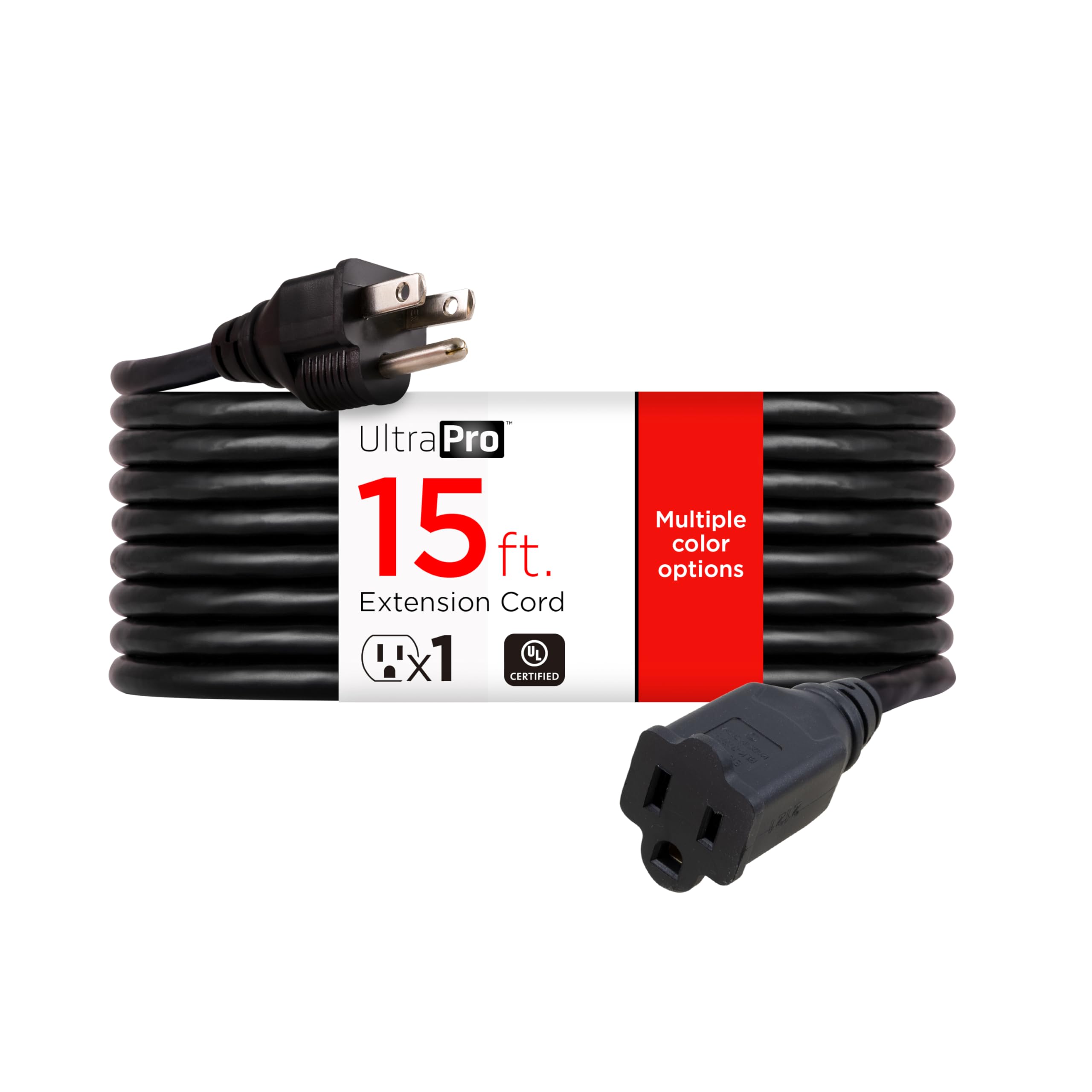 UltraPro Outdoor Extension Cord, 15 Ft, Heavy Duty Extension Cord, Double Insulated, Grounded, 16 Gauge, 3 Prong Extension Cords, General Purpose Long Extension Cord, UL Listed, Black, 36824