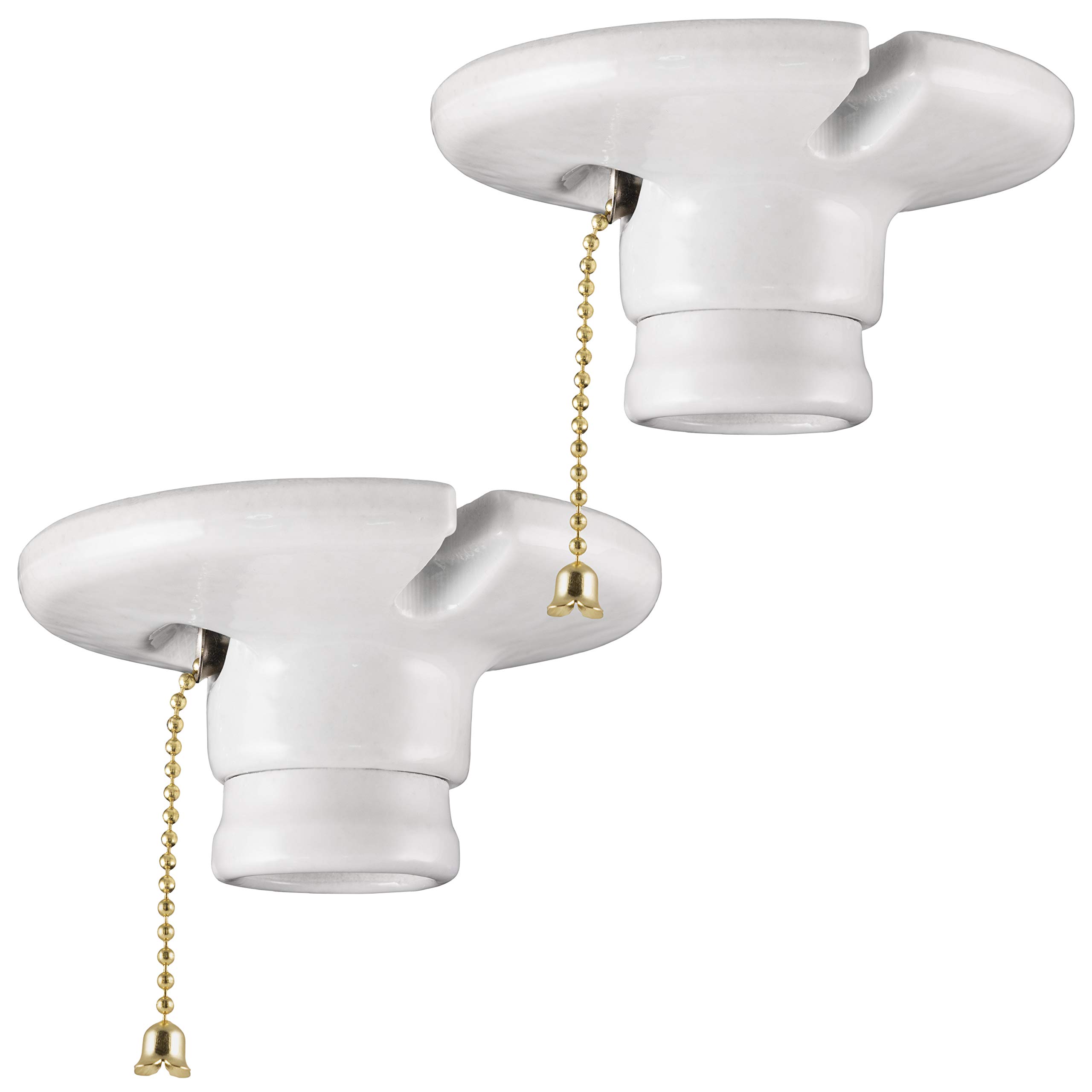 UltraPro Porcelain Lampholder with Pull Chain, 2 Pack, Medium Base, Indoor Lighting, Mount on 3-1/4” or 4” Box, 250VAC/660W, UL Listed, White, 54599