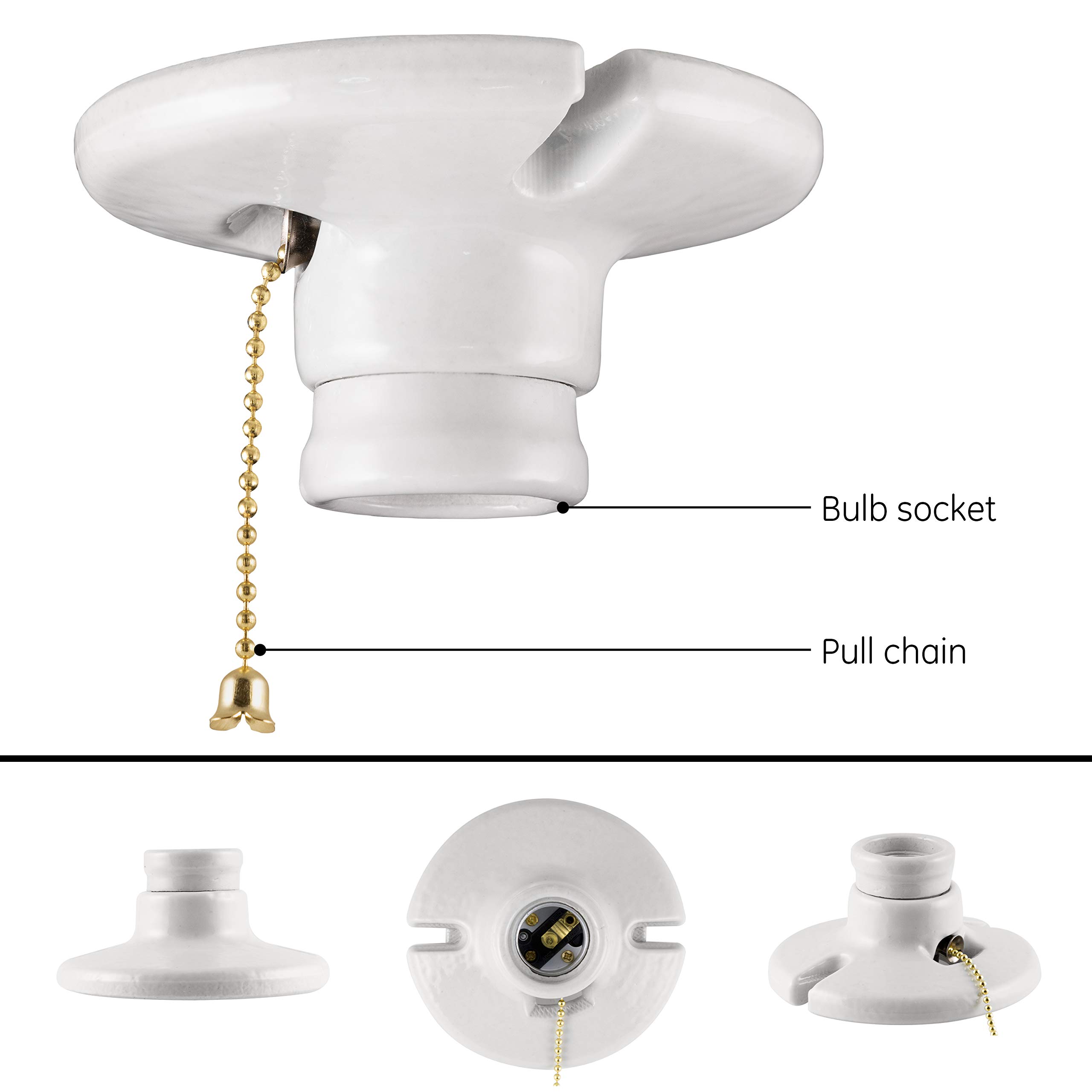 UltraPro Porcelain Lampholder with Pull Chain, 2 Pack, Medium Base, Indoor Lighting, Mount on 3-1/4” or 4” Box, 250VAC/660W, UL Listed, White, 54599 - Image 2